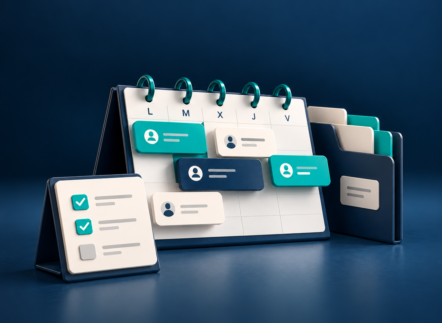 Calendario de equipo junto a una lista de tareas y una carpeta de procedimientos